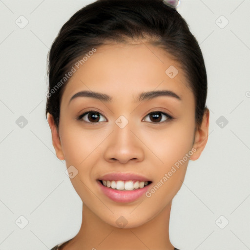 Joyful white young-adult female with short  black hair and brown eyes