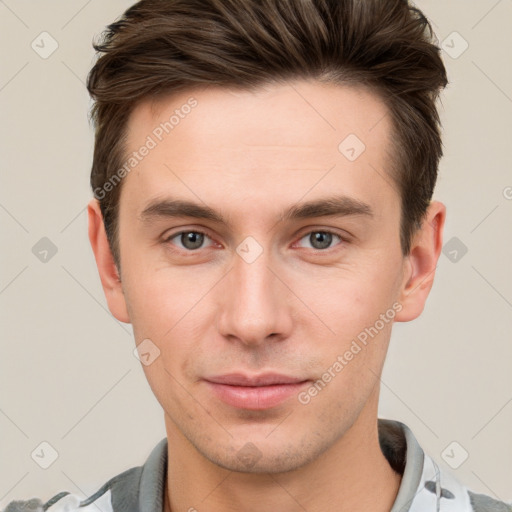 Neutral white young-adult male with short  brown hair and grey eyes