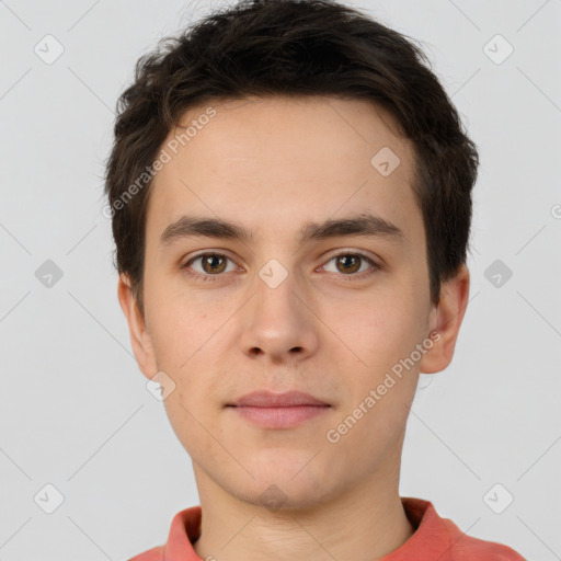 Neutral white young-adult male with short  brown hair and brown eyes