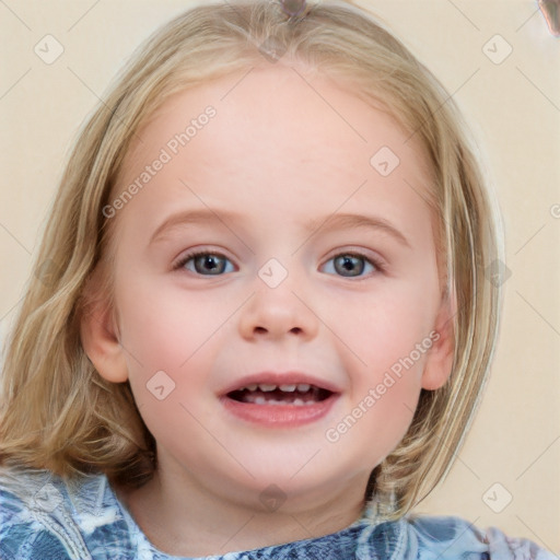 Joyful white child female with medium  brown hair and blue eyes