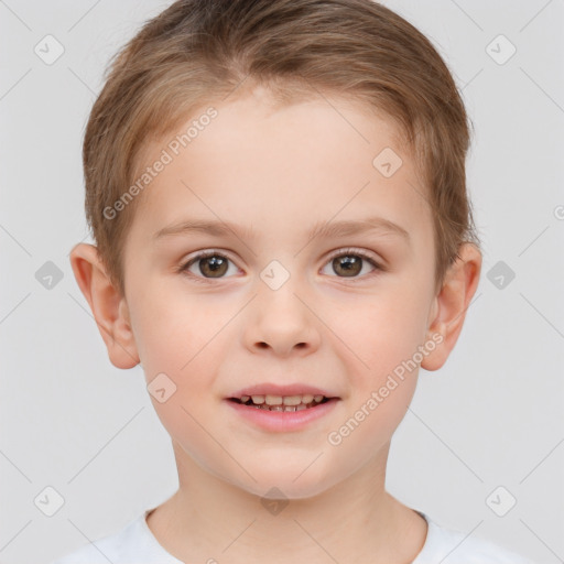 Joyful white child female with short  brown hair and brown eyes