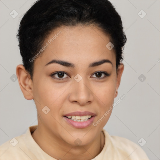 Joyful latino young-adult female with short  brown hair and brown eyes