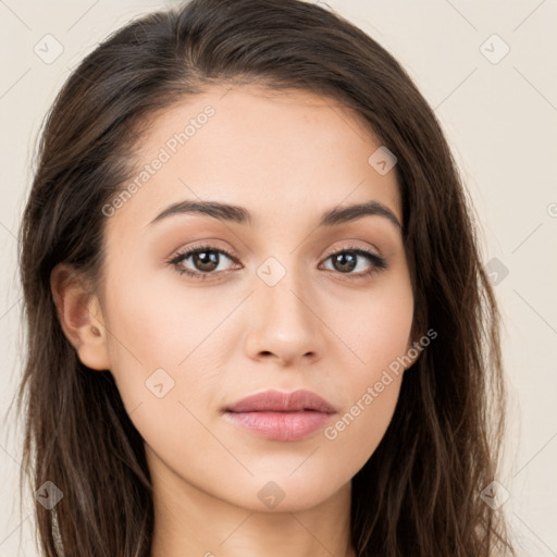 Neutral white young-adult female with long  brown hair and brown eyes