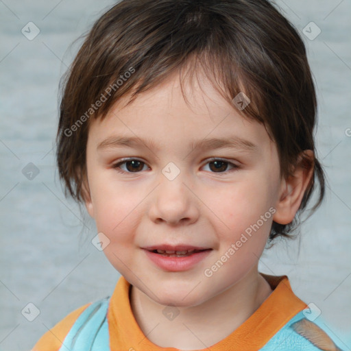 Joyful white child female with medium  brown hair and brown eyes