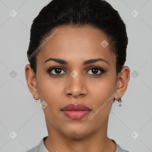 Joyful latino young-adult female with short  brown hair and brown eyes