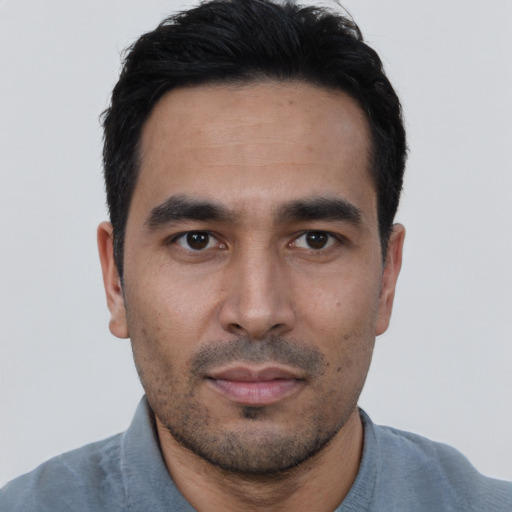 Neutral asian young-adult male with short  black hair and brown eyes