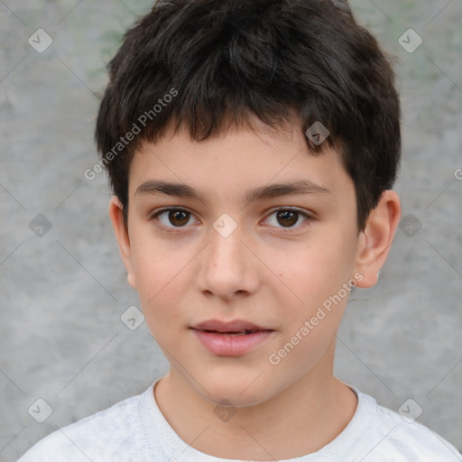 Joyful white child male with short  brown hair and brown eyes