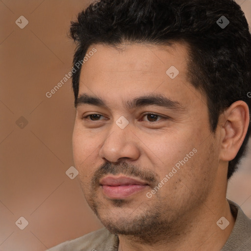 Joyful white young-adult male with short  black hair and brown eyes