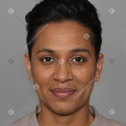 Joyful latino young-adult female with short  brown hair and brown eyes