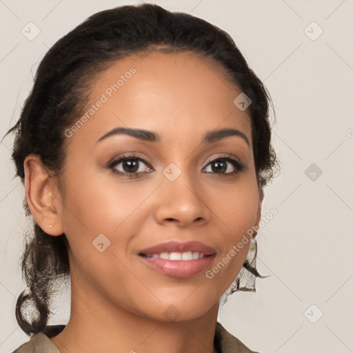 Joyful latino young-adult female with long  brown hair and brown eyes