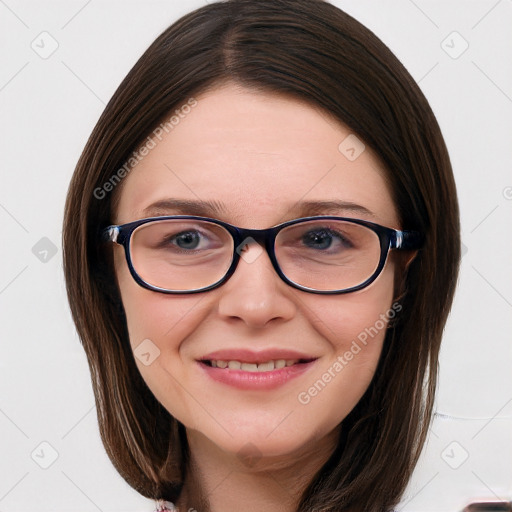 Joyful white young-adult female with long  brown hair and blue eyes