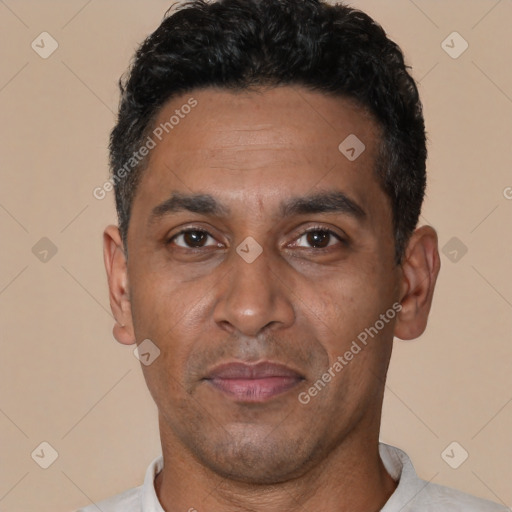 Joyful black adult male with short  black hair and brown eyes