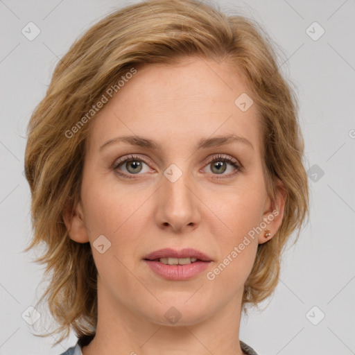 Joyful white young-adult female with medium  brown hair and blue eyes