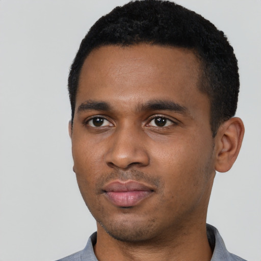 Neutral black young-adult male with short  black hair and brown eyes