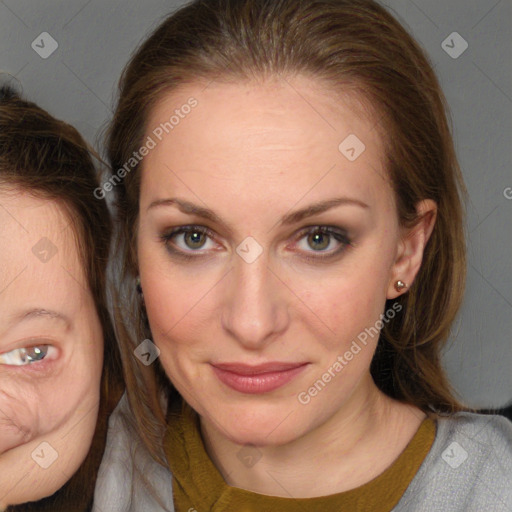 Joyful white young-adult female with medium  brown hair and brown eyes