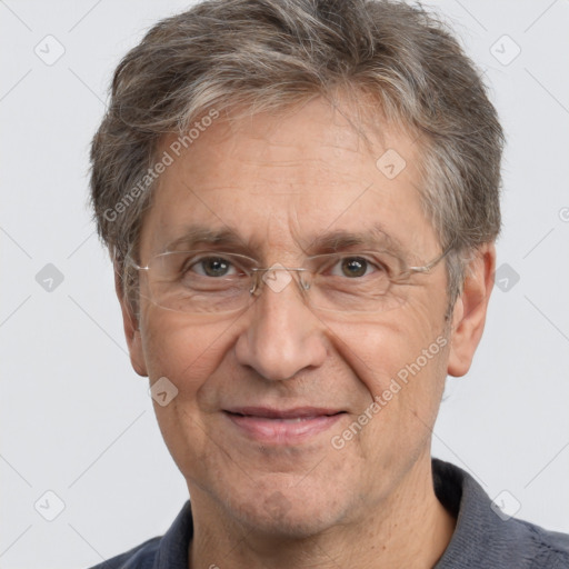 Joyful white middle-aged male with short  brown hair and brown eyes