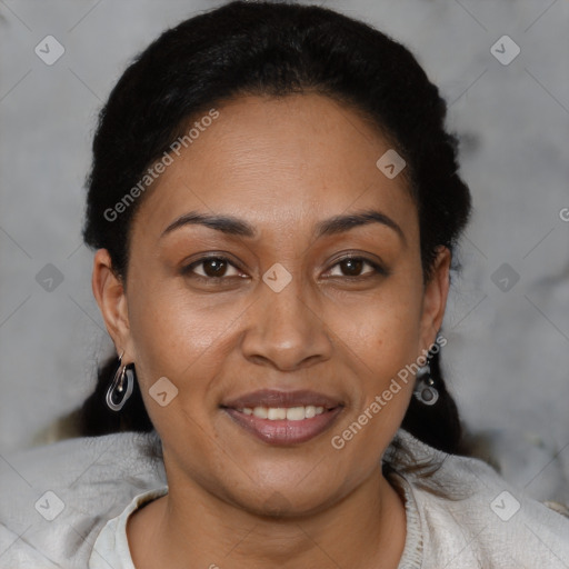 Joyful latino young-adult female with short  brown hair and brown eyes