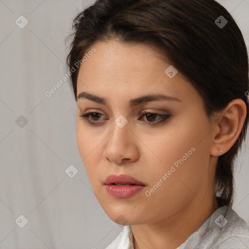 Neutral white young-adult female with medium  brown hair and brown eyes