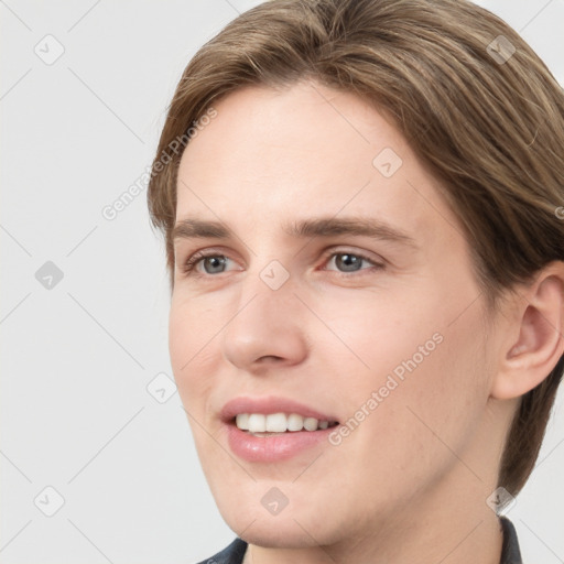 Joyful white young-adult female with short  brown hair and grey eyes