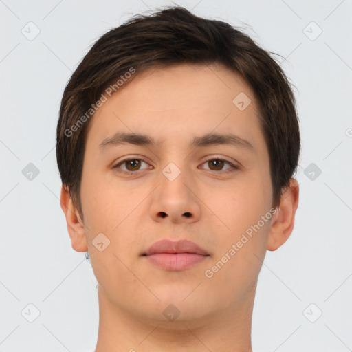 Neutral white young-adult male with short  brown hair and brown eyes