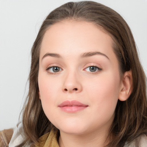 Neutral white young-adult female with long  brown hair and brown eyes