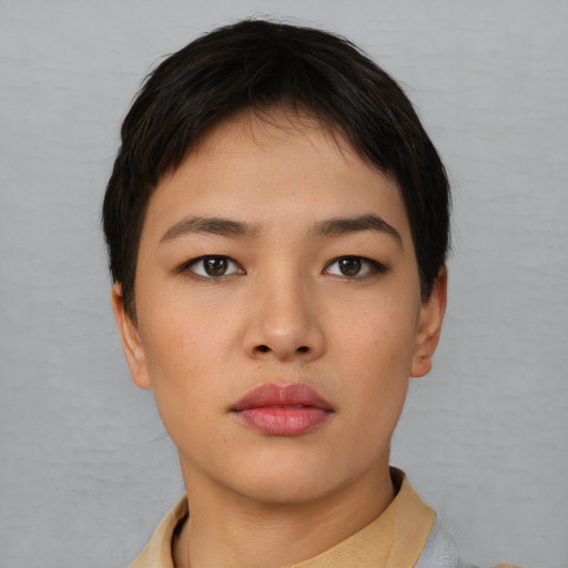 Neutral asian young-adult female with short  brown hair and brown eyes