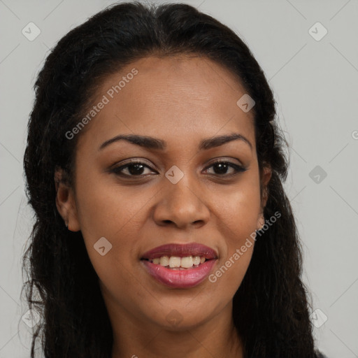 Joyful latino young-adult female with long  brown hair and brown eyes