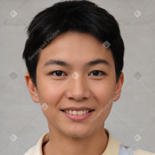 Joyful asian young-adult female with short  brown hair and brown eyes