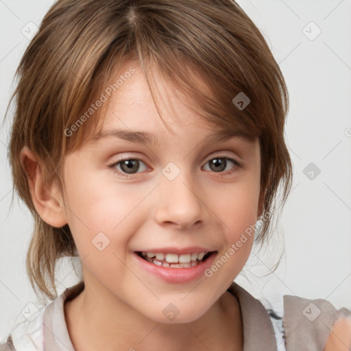 Joyful white child female with medium  brown hair and brown eyes