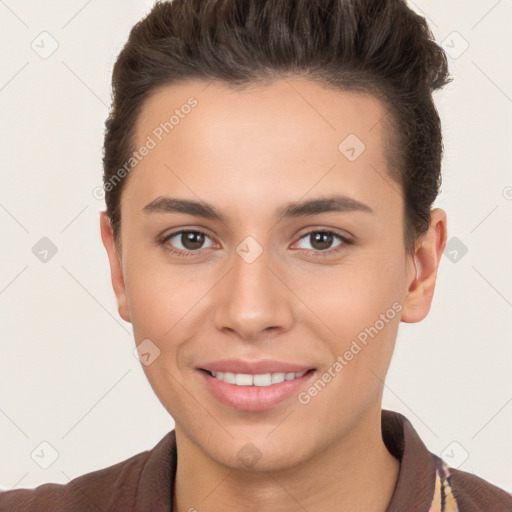 Joyful white young-adult female with short  brown hair and brown eyes