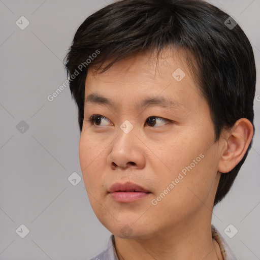 Neutral asian young-adult male with short  brown hair and brown eyes