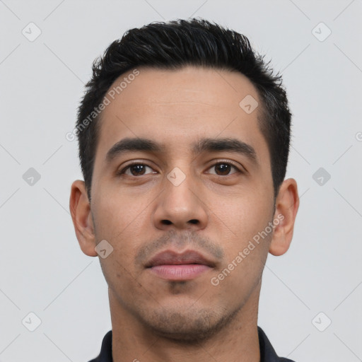 Neutral latino young-adult male with short  black hair and brown eyes