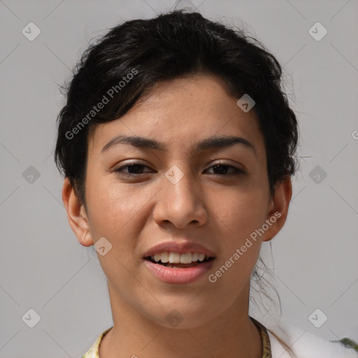 Joyful white young-adult female with short  black hair and brown eyes