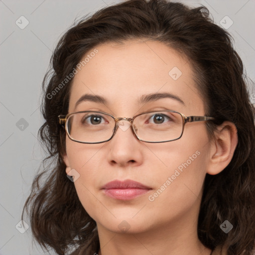 Neutral white young-adult female with medium  brown hair and brown eyes