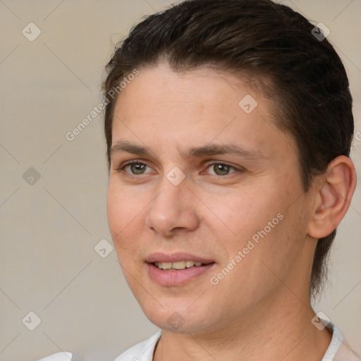 Joyful white young-adult female with short  brown hair and brown eyes