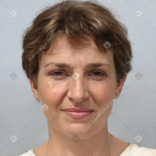 Joyful white adult female with short  brown hair and brown eyes