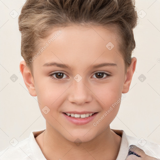 Joyful white child female with short  brown hair and brown eyes