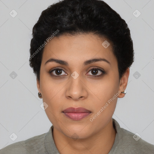 Neutral latino young-adult female with short  black hair and brown eyes