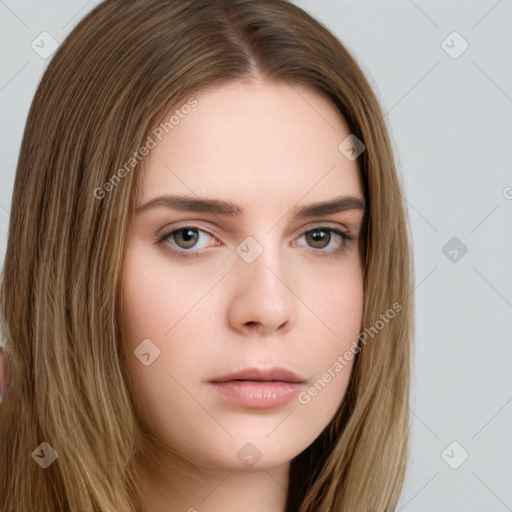 Neutral white young-adult female with long  brown hair and brown eyes