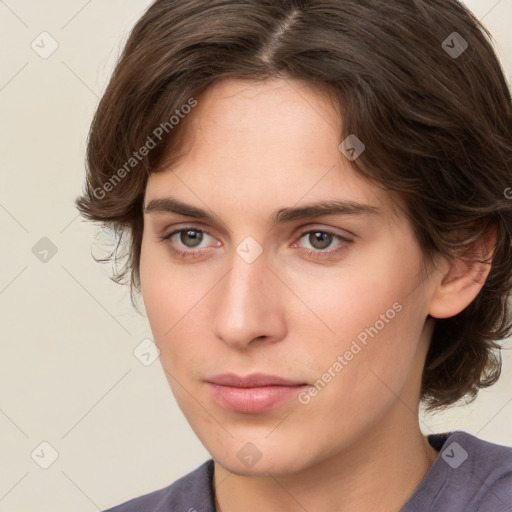 Neutral white young-adult female with medium  brown hair and brown eyes