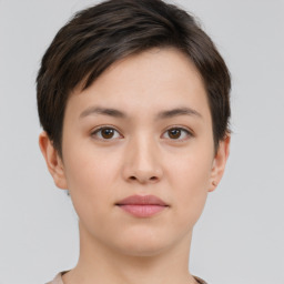 Neutral white young-adult female with short  brown hair and brown eyes