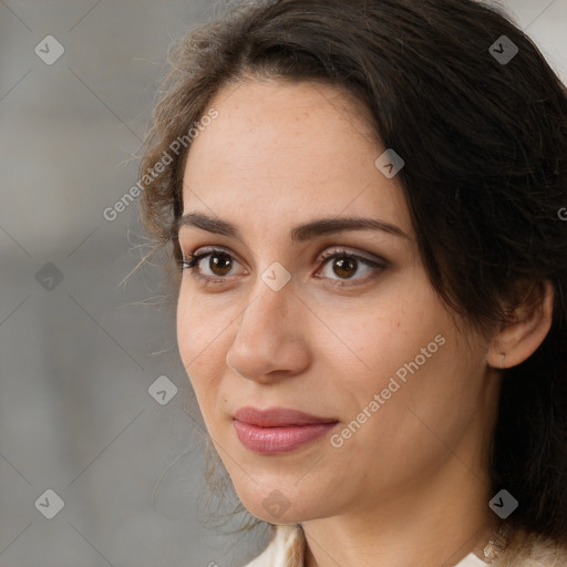 Neutral white young-adult female with medium  brown hair and brown eyes