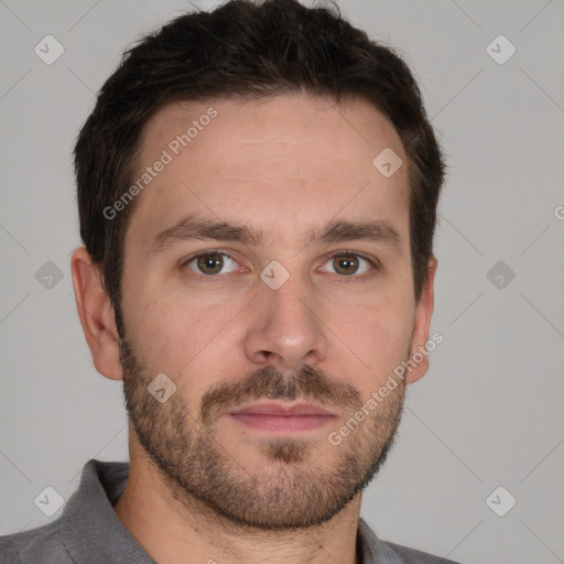 Neutral white adult male with short  brown hair and brown eyes