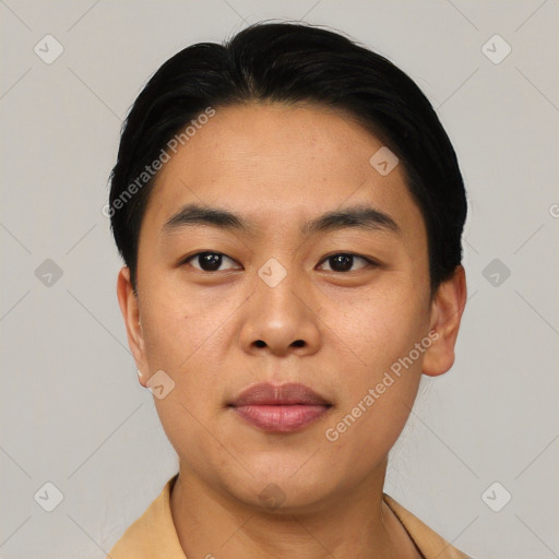 Neutral asian young-adult male with short  black hair and brown eyes