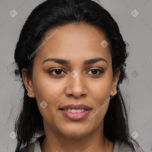 Joyful latino young-adult female with long  black hair and brown eyes