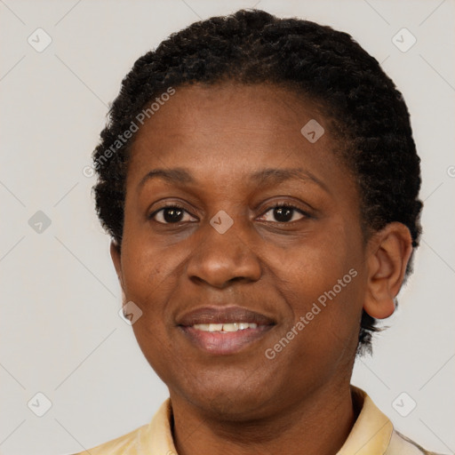 Joyful black adult female with short  brown hair and brown eyes