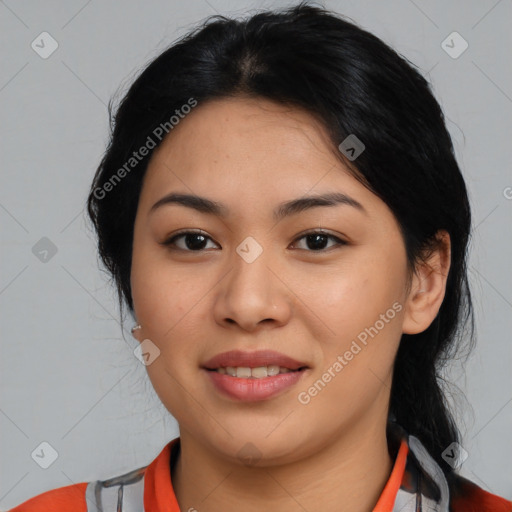 Joyful asian young-adult female with medium  black hair and brown eyes