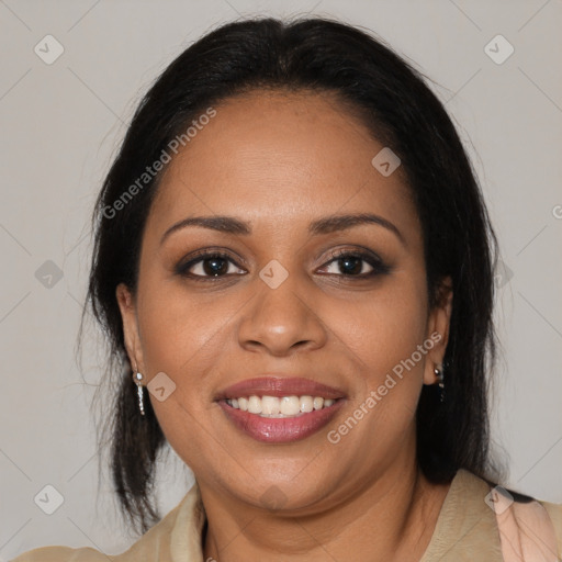 Joyful black young-adult female with medium  brown hair and brown eyes