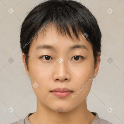 Neutral asian young-adult female with short  brown hair and brown eyes