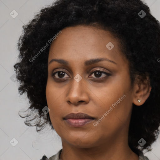 Joyful black young-adult female with long  black hair and brown eyes